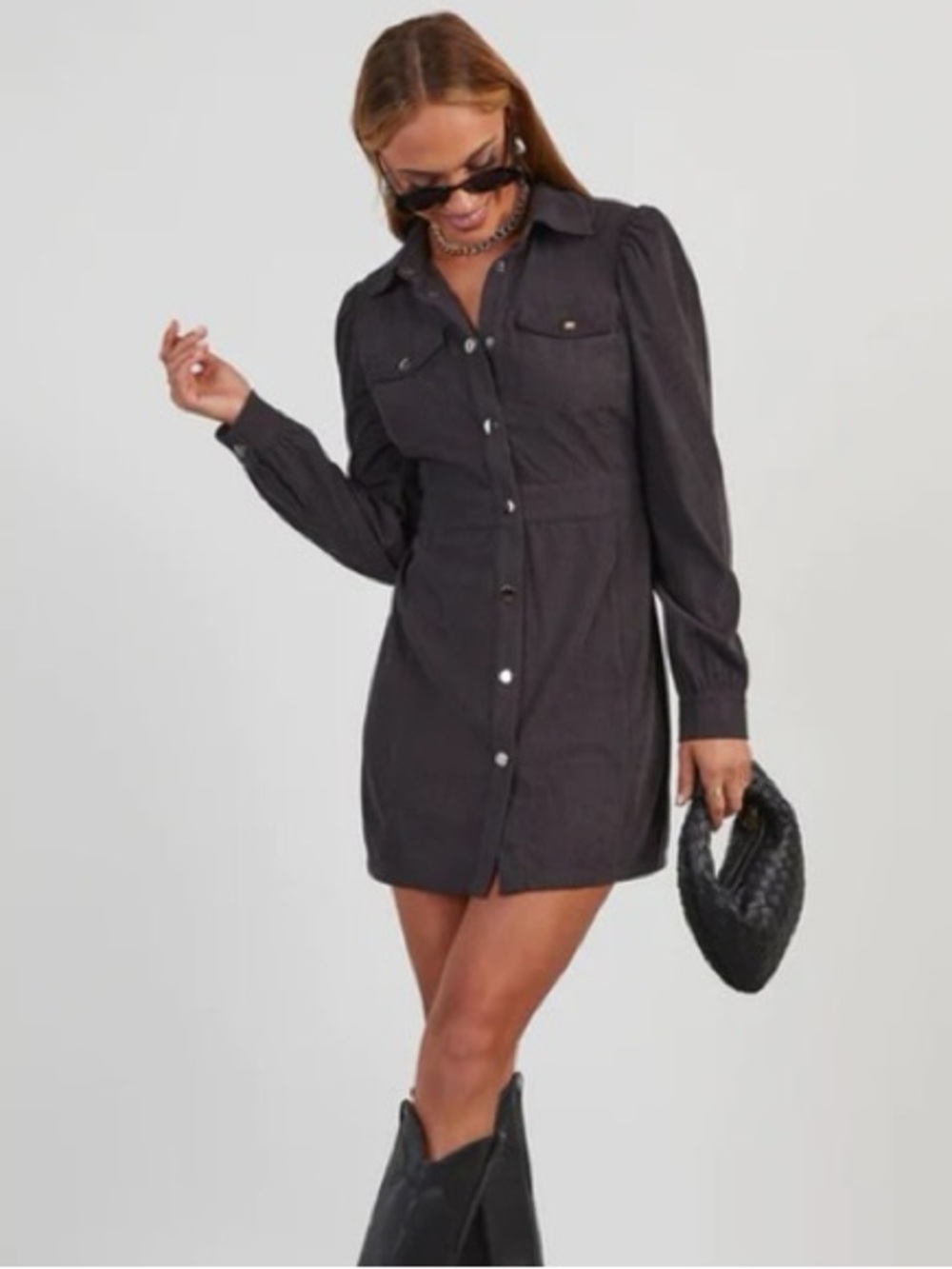 Button-Front Charcoal Black Corduroy Shirt Dress